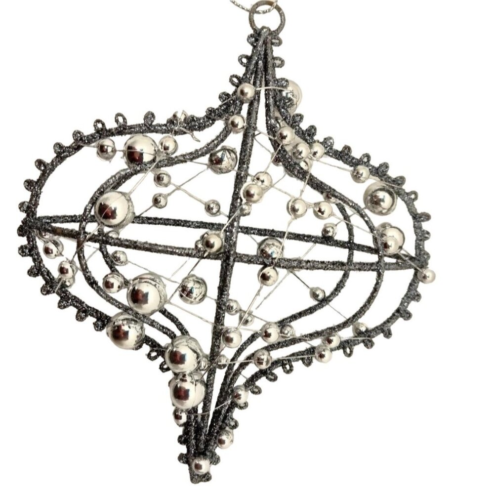 Silver Beaded Ornament Wire Wrap Glitter  6 inch